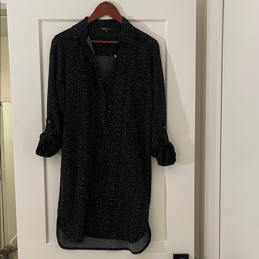 Dalia Black Button Down Shirt dress with White Dots. Just above the knee